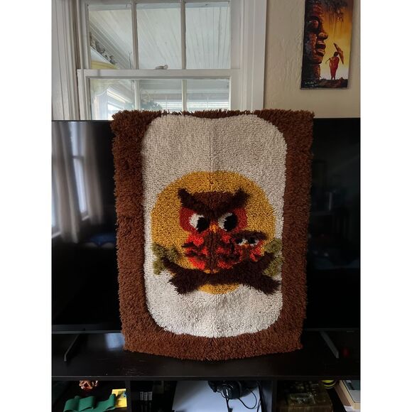 Vintage‎ 70's LARGE Latch Hook Wool Yarn and owl Boho Wall Hanging Decor 27 * 38 - Picture 4 of 13